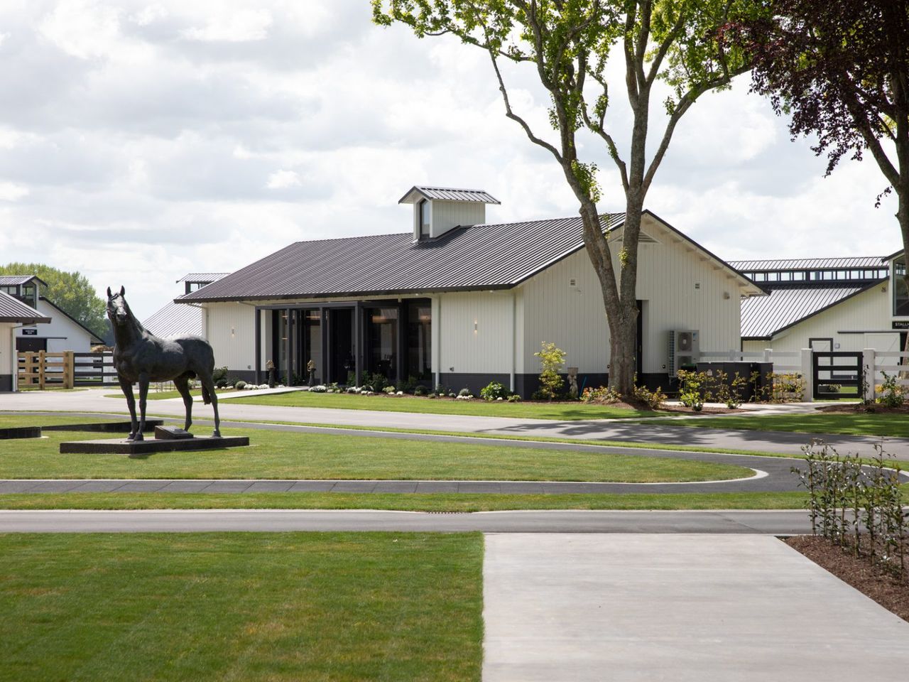 Cambridge Stud Farm's equestrian facilities featuring equine architecture with a modern stable design, white board-and-batten cladding, black roofing, and a horse statue centerpiece, blending functional elegance with rural charm in New Zealand.
