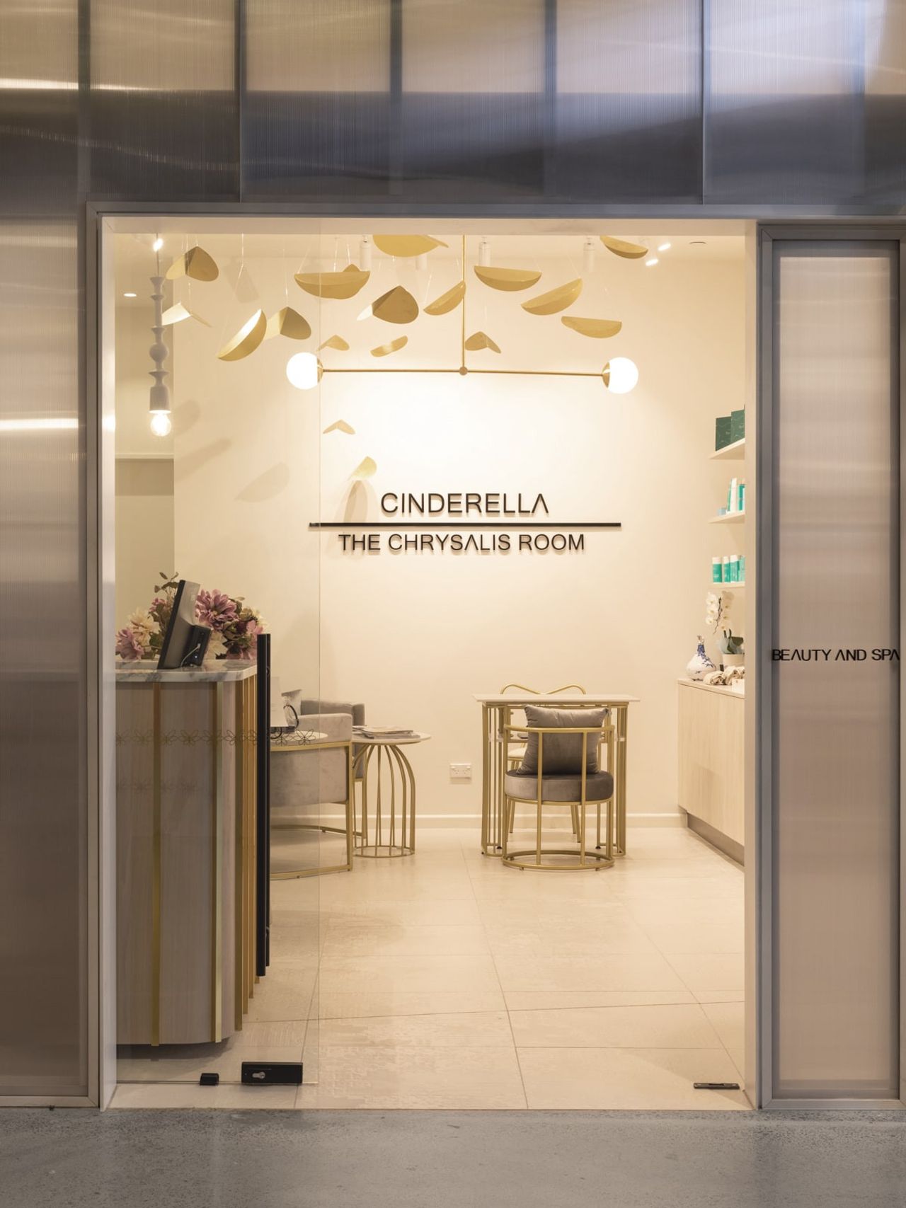 Entrance to The Chrysalis Room at Cinderella Beauty, Westfield Newmarket, showcasing elegant interior design.