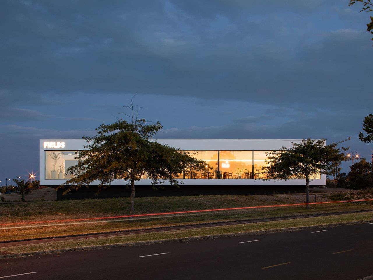 Evening view of Fields Cafe by OKLA, featuring its illuminated modern design, large glass windows, and landscaped surroundings, blending urban architecture with a serene New Zealand setting.