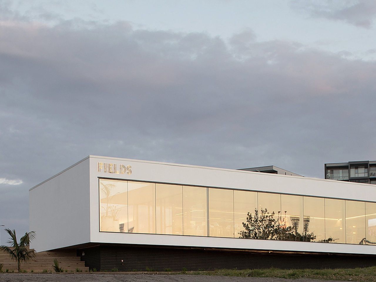 Minimalist architectural design of Fields Cafe by OKLA, featuring a sleek white exterior and expansive glass windows, blending modern hospitality and urban design in New Zealand.